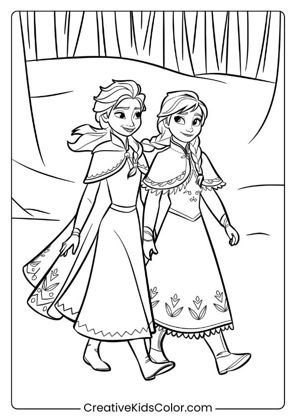 Elsa And Anna Walking In A Winter Wonderland In This Printable Coloring Page, Showcasing Their Adventure In A Snowy Setting.