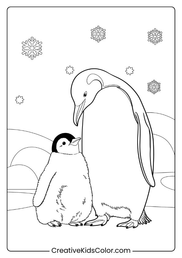 An Emperor Penguin And Its Chick Huddling In A Winter Landscape, A Touching Family-Themed Coloring Page.