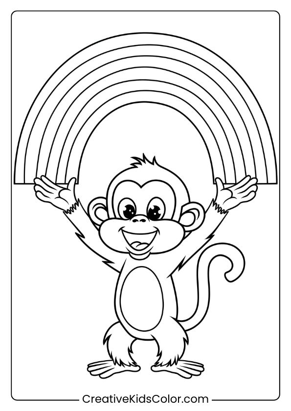 Coloring Page Of A Cheerful Monkey Lifting A Colorful Rainbow Overhead, Radiating Happiness.