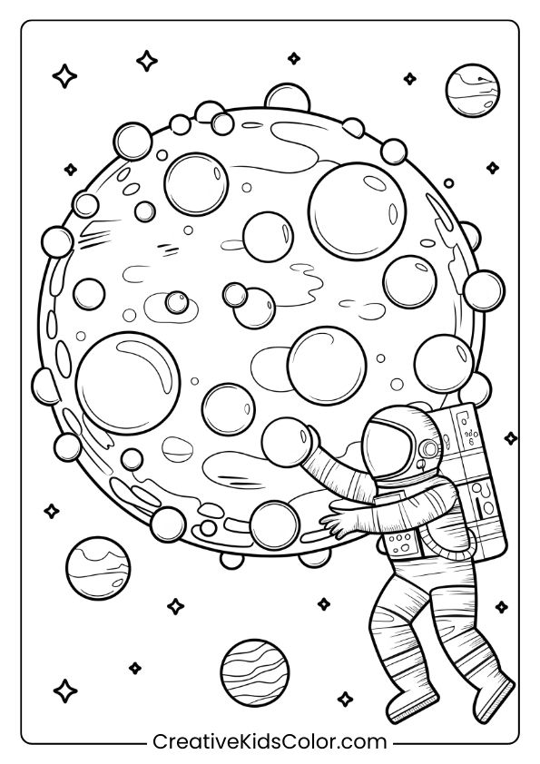 Coloring Page Of An Astronaut Exploring A Bubble Planet With Craters, Floating Amidst Stars In Outer Space.