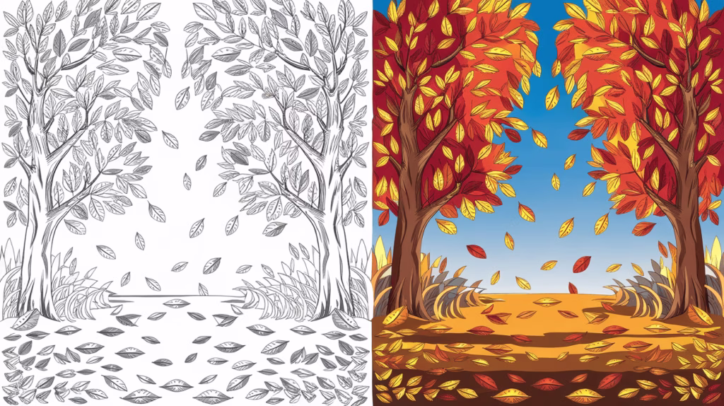Coloring Page Cover Of A Fall Tree, Left Side Uncolored, Right Side Fully Colored With Autumn Leaves.