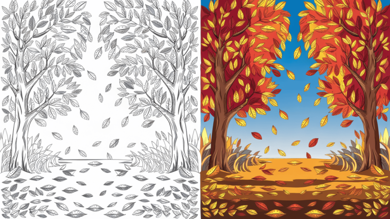 Coloring Page Cover Of A Fall Tree, Left Side Uncolored, Right Side Fully Colored With Autumn Leaves.