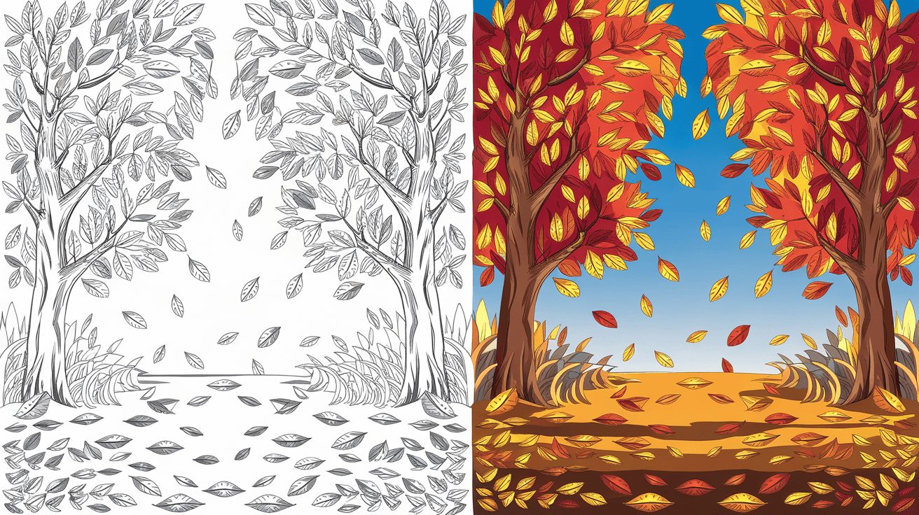 Coloring Page Cover Of A Fall Tree, Left Side Uncolored, Right Side Fully Colored With Autumn Leaves.