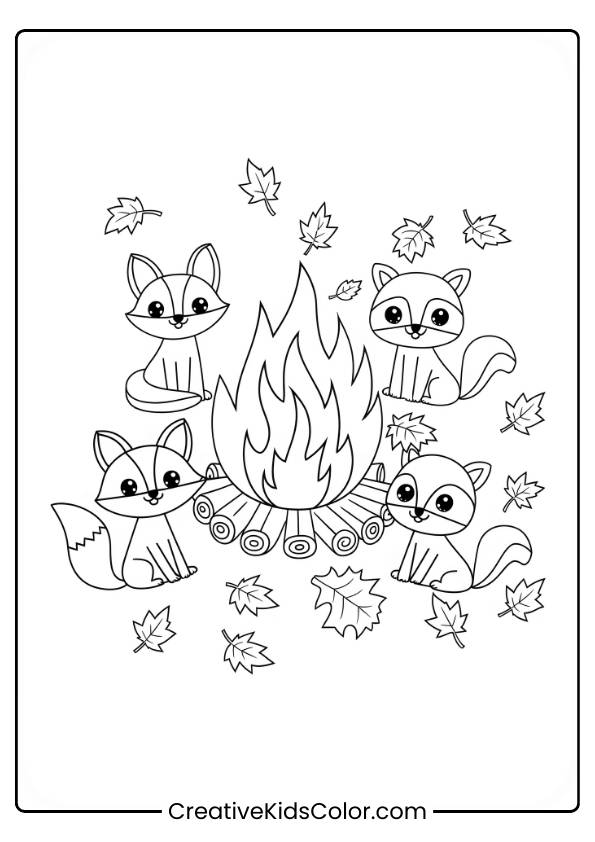 Woodland Critters Around A Bonfire On A Fall Night Fill This Cozy Coloring Page.