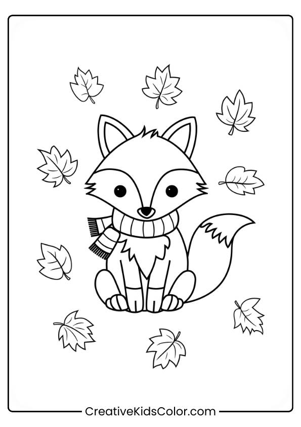This Coloring Page Features A Fox Wearing A Scarf Surrounded By Autumn Leaves.