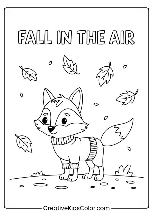 A Fox In A Sweater With &Quot;Fall In The Air&Quot; Text, Shown In This Fall Coloring Page.