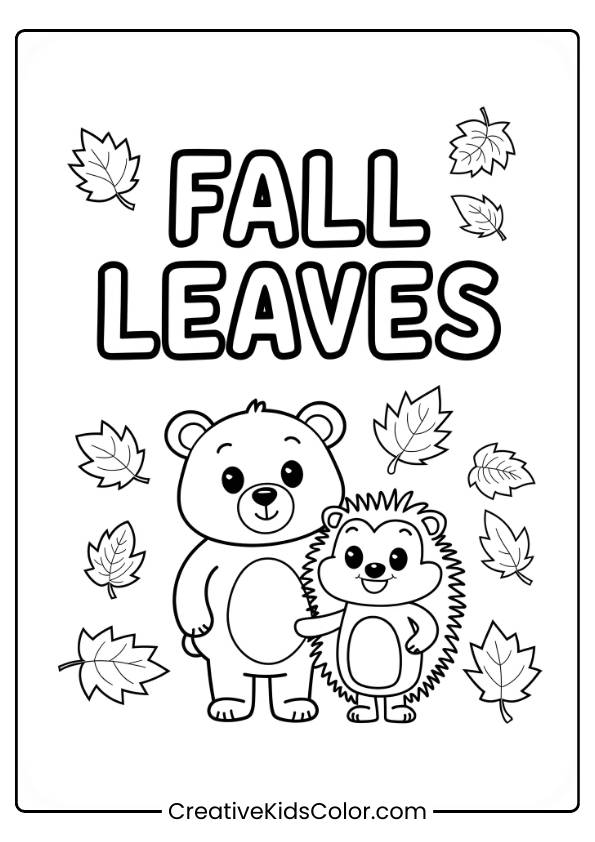 A Bear And Hedgehog Standing Among Fall Leaves In This Autumn-Themed Coloring Page.