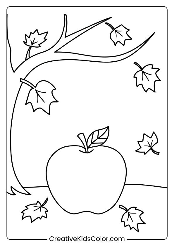 Coloring Page Featuring An Apple Under A Tree With Autumn Leaves, Capturing A Seasonal Scene.