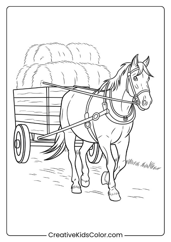 A Detailed Farm Horse Pulling A Hay Wagon, Perfect For A Farm-Themed Coloring Page.