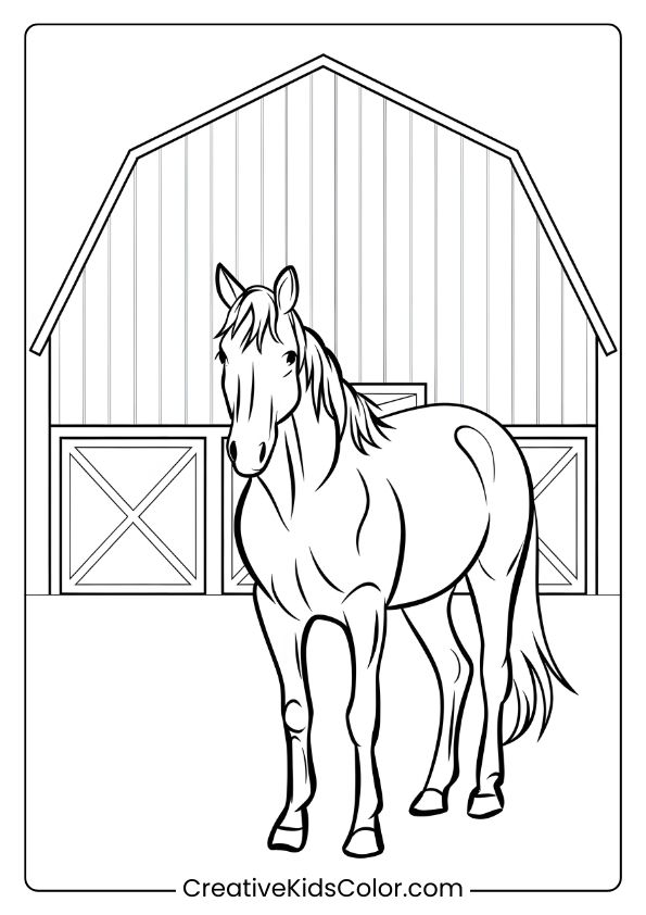 A Farm Horse Near A Barn, Capturing A Rural Theme For A Classic Coloring Page.