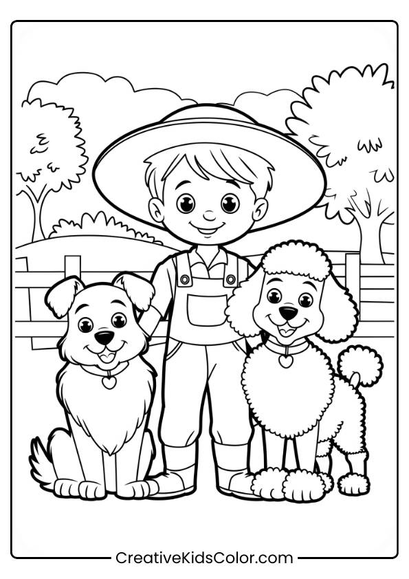 Farmer Boy Standing With Two Dogs Beside Him In An Outdoor Scene In A Dog Coloring Page.