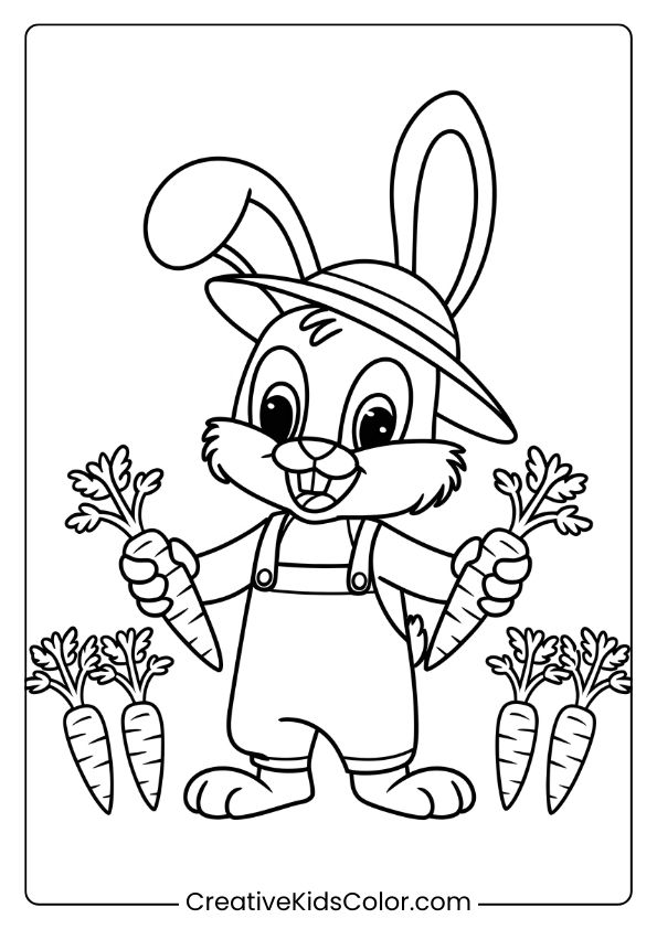 Coloring Page Of A Farmer Bunny Holding Carrots, Perfect For Farm And Garden-Themed Coloring.