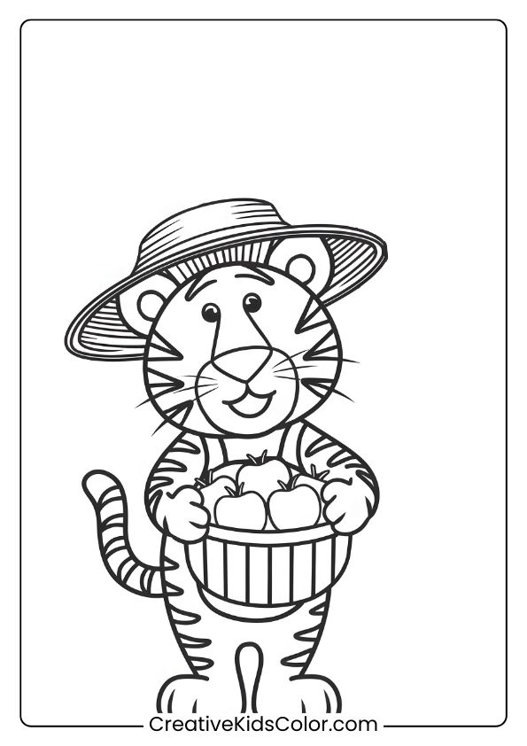 Farmer Tiger Coloring Page With A Tiger In A Straw Hat, Holding A Basket Filled With Apples.
