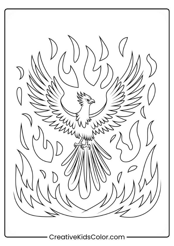 Fawkes The Phoenix Rises From Flames, Symbolizing Rebirth And Magic, With Its Wings Fully Spread, In This Powerful Coloring Page.