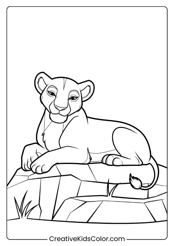 A Young Lioness Sunbathing On A Rock, Creating A Tranquil Scene In This Enjoyable Lion Coloring Page For Kids.