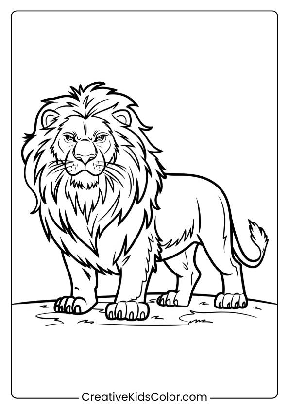 A Fierce Lion Guarding Its Land, A Perfect Lion Coloring Page For Kids Who Enjoy Powerful Animal Scenes.