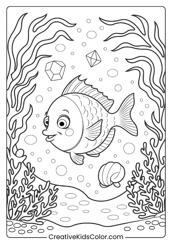A Curious Fish Explores Hidden Jewels And Bubbles In An Ocean Scene That Invites Playful Coloring.