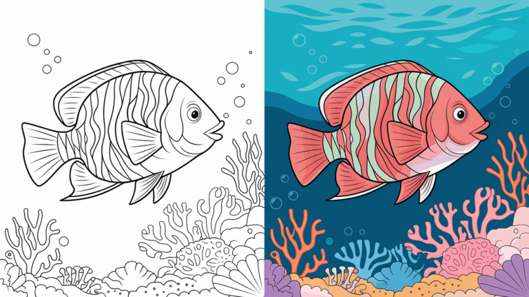 Fish Coloring Page Cover: A Vibrant Fish Swims Through Coral And Bubbles, Shown In Black And White On One Side And Colorful Ocean Depths On The Other.
