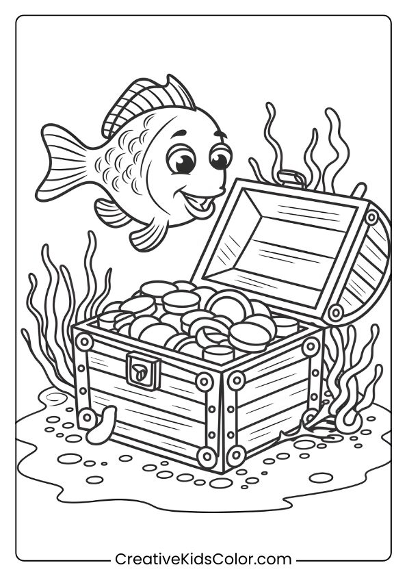 A Playful Fish Explores A Sunken Treasure Chest, Complete With Bubbles And Sea Plants, Perfect For Imaginative Coloring.