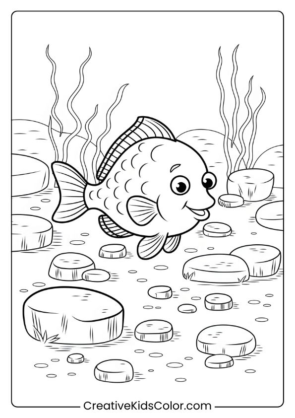 A Fish Explores A Rocky Seabed With Stones And Plants Around, Creating A Natural Setting For Coloring Exploration.