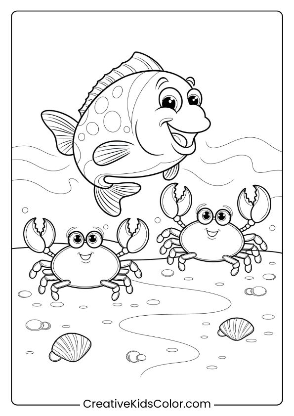 A Striped Fish And Two Playful Crabs Gather On A Beachy Shore, Ideal For A Lively And Detailed Coloring Page.