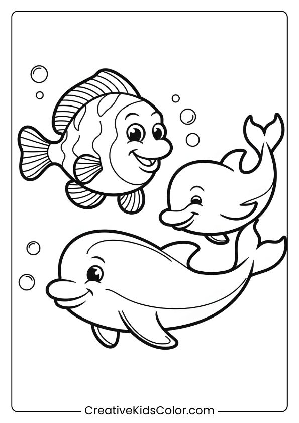 A Fish And Dolphins Play In Deep Blue Waters, Offering A Delightful, Interactive Scene For Coloring.