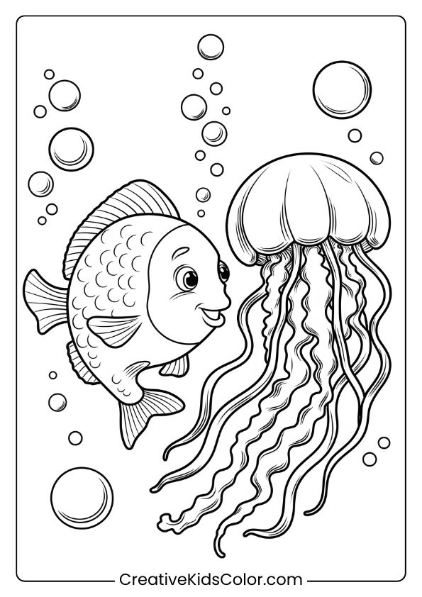 A Fish And Jellyfish Float Together, Creating A Gentle Underwater Scene, Ideal For Relaxing Coloring Fun.