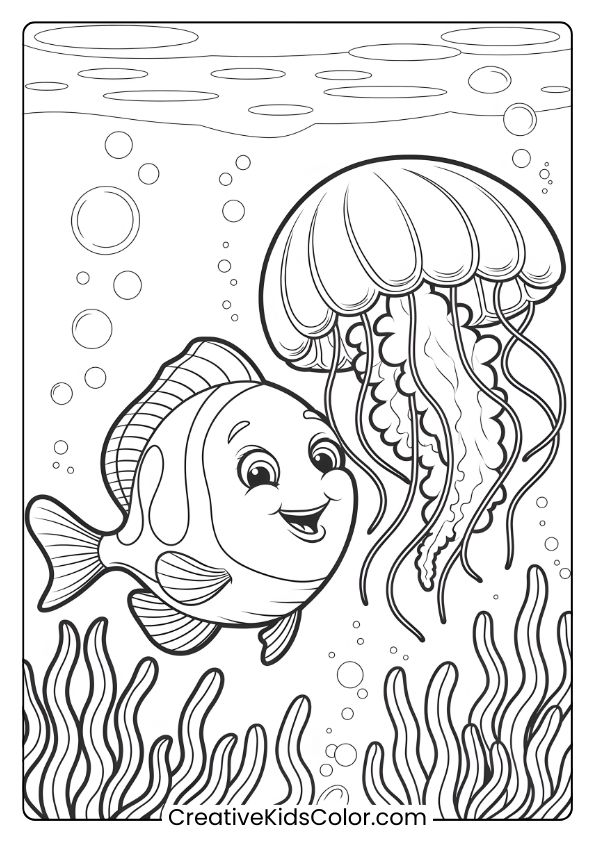 A Fish And Jellyfish Drift Together In Deep Waters, Providing A Serene Ocean Scene With Bubbles For Coloring.