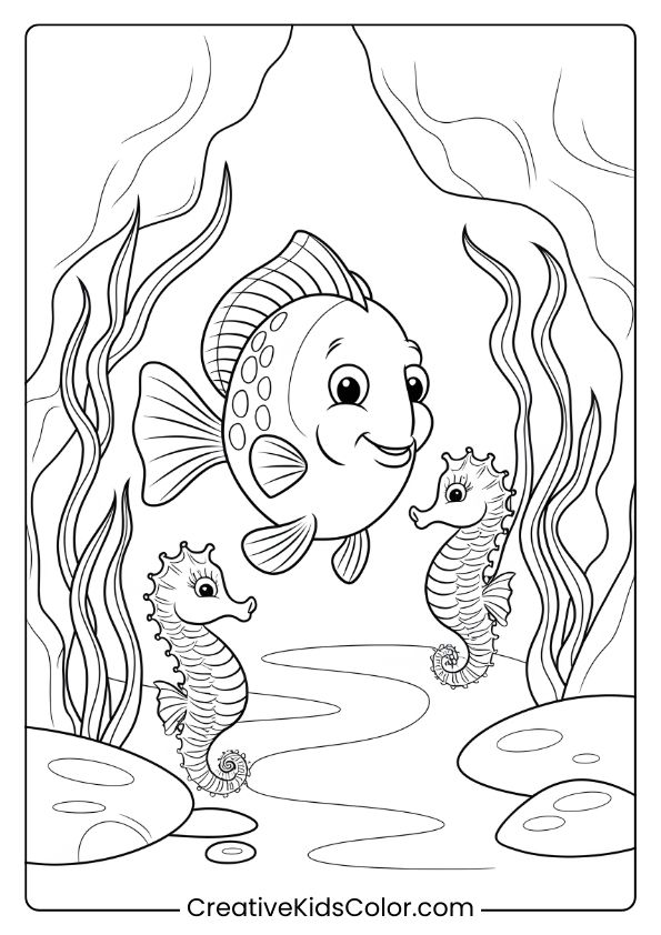 A Fish And Two Seahorses Gather In A Secret Cove, Surrounded By Seaweed, Perfect For Detailed And Imaginative Coloring.