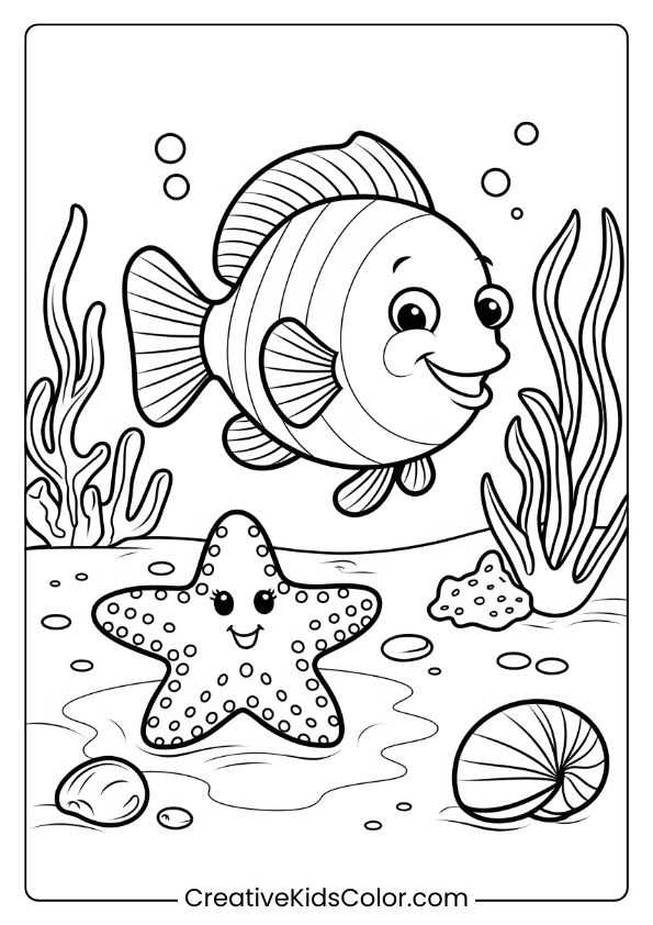 A Friendly Fish And A Starfish Meet In A Sandy Reef, Surrounded By Small Shells, Perfect For A Beachy Coloring Page.