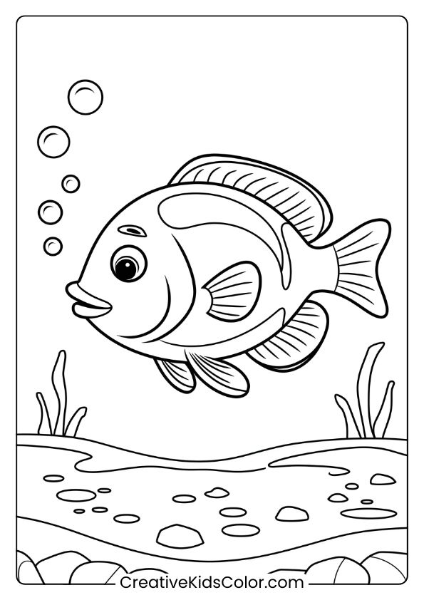 A Fish Glides In Crystal-Clear Water With Bubbles And Stones, Creating A Serene, Clean Coloring Scene.
