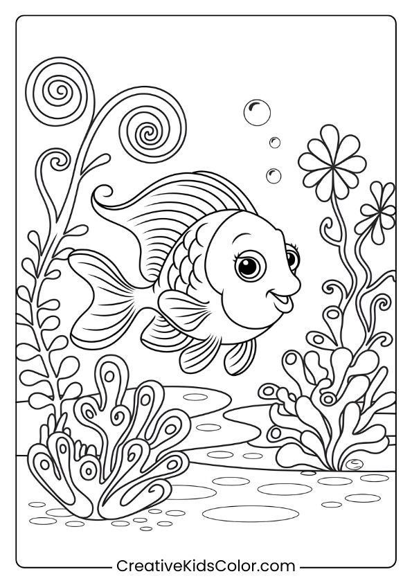 A Fish Swims In An Underwater Garden Surrounded By Plants And Bubbles, Making A Lively, Nature-Filled Coloring Page.
