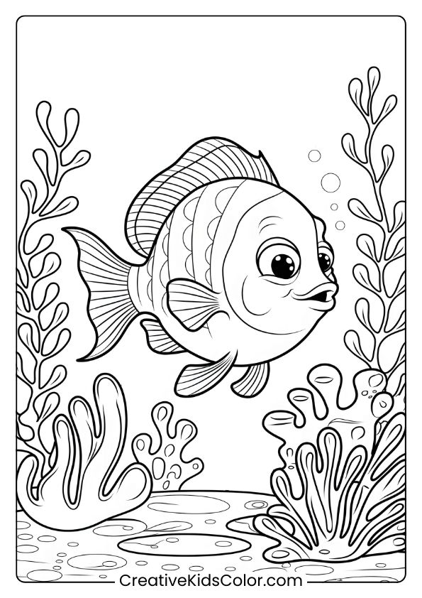 A Colorful Fish Glides Through Enchanted Waters, Surrounded By Corals And Plants For A Fantasy-Inspired Coloring Scene.
