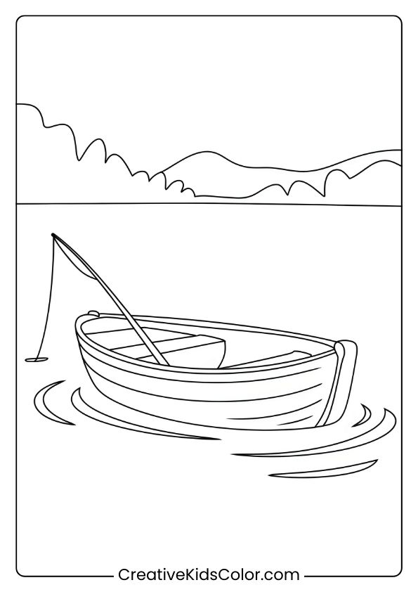 A Peaceful Boat Rests On A Lake, With Soft Waves And Distant Hills For A Tranquil Coloring Experience.