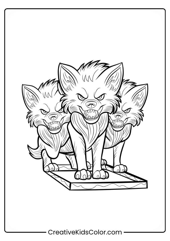 Fluffy, The Three-Headed Dog, Stands Fiercely On Guard, Its Snarling Faces Poised To Protect In This Dramatic Coloring Page.