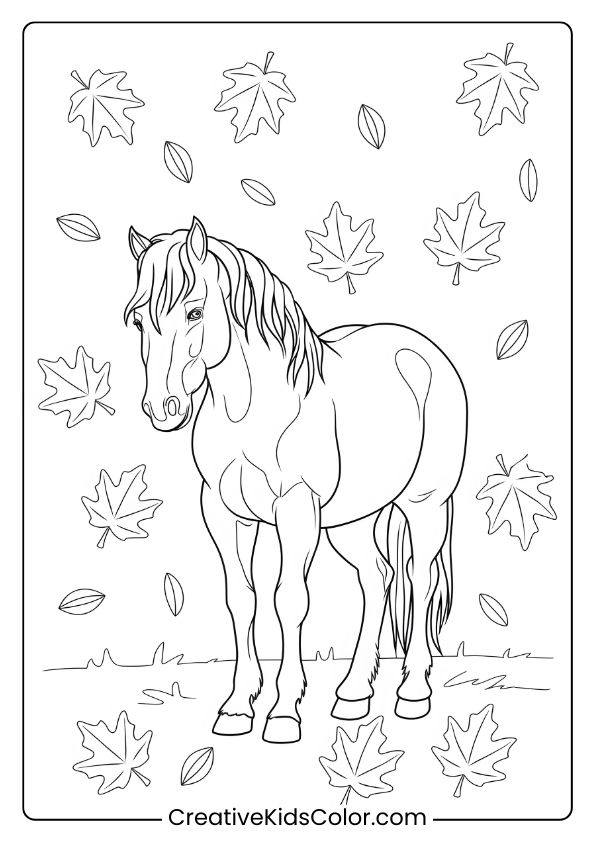 A Horse In Autumn Leaves, Creating A Seasonal Coloring Page With Natural Beauty.