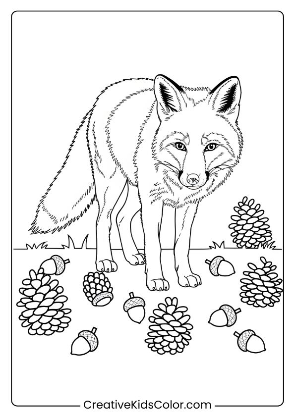 Fox Coloring Page Of A Fox Standing Among Pinecones And Acorns, Perfect For Creating A Cozy, Nature-Inspired Scene.