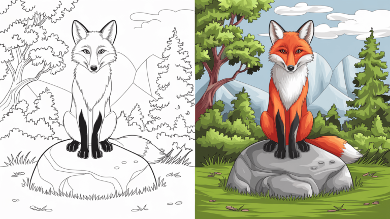 Fox Coloring Page Featuring A Fox On A Rock In A Forest. Left Side Shows A Black-And-White Outline, While The Right Side Is Vibrantly Colored In Orange, White, And Green.