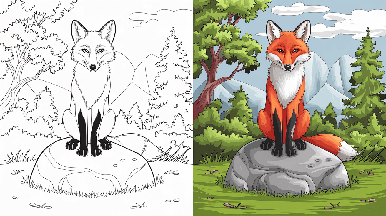 Fox Coloring Page Featuring A Fox On A Rock In A Forest. Left Side Shows A Black-And-White Outline, While The Right Side Is Vibrantly Colored In Orange, White, And Green.