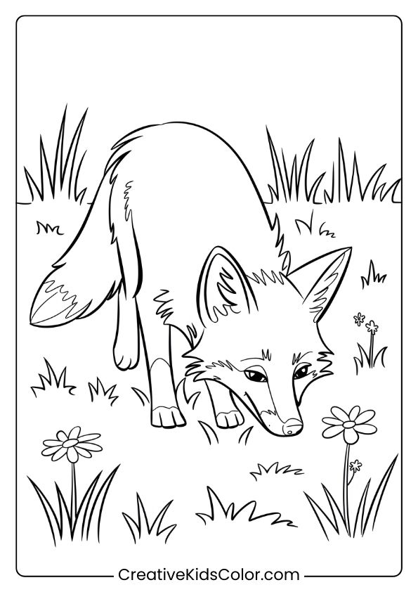 Fox Coloring Page Of A Fox In A Grassy Meadow At Dawn, With Flowers And Plants Creating A Peaceful Outdoor Setting.