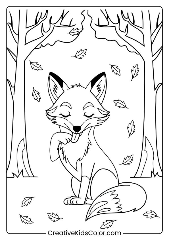 Fox Coloring Page Of A Fox Resting Under Autumn Trees, With Scattered Leaves Creating A Tranquil, Seasonal Scene.