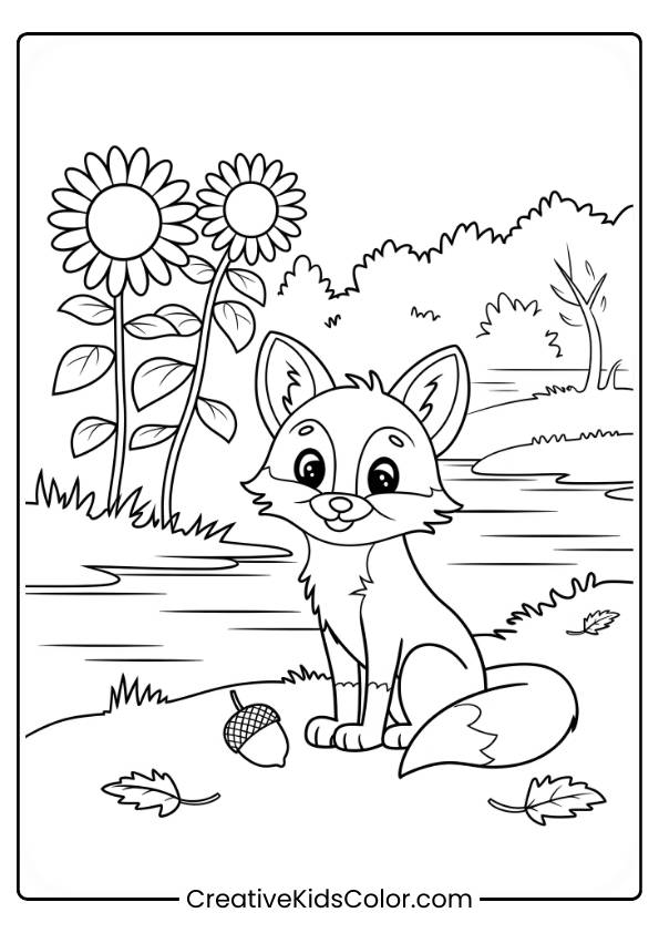 A Fox Holding An Acorn Near A River With Sunflowers Is The Focus Of This Coloring Page.