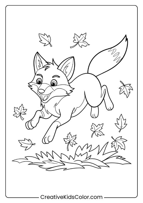 Fox Coloring Page Of A Fox Jumping Through Scattered Fall Leaves, Capturing The Vibrant Joy Of Autumn In The Forest.