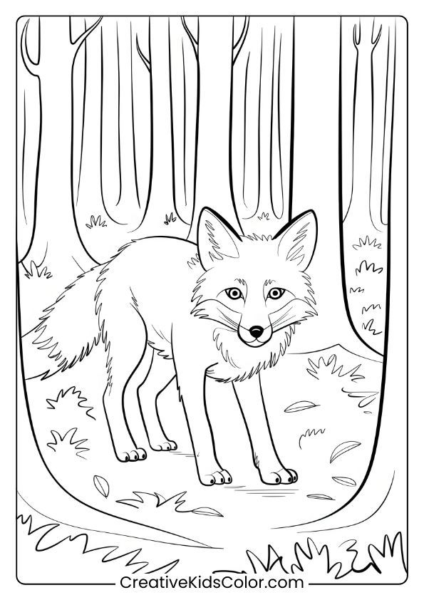 Fox Coloring Page Featuring A Fox In A Foggy Forest, Surrounded By Trees, Creating A Peaceful Yet Mysterious Coloring Scene.
