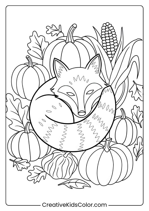 Fox Coloring Page With A Fox Nestled Among Pumpkins And Harvest Vegetables, Creating A Warm, Autumn-Inspired Scene.