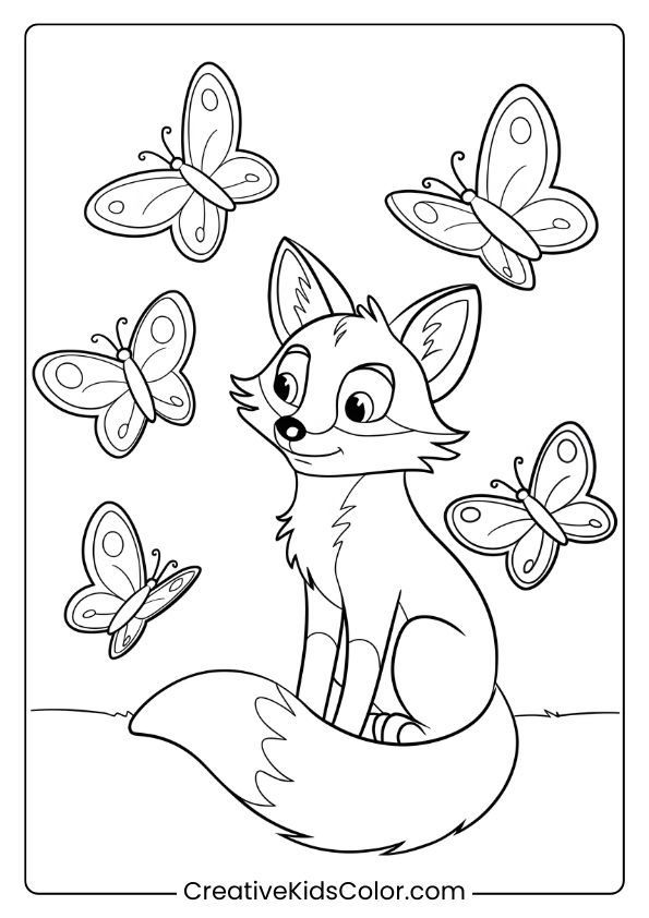 Fox Coloring Page Of A Fox Surrounded By Butterflies, Ideal For Adding Color And Life To A Natural Setting.