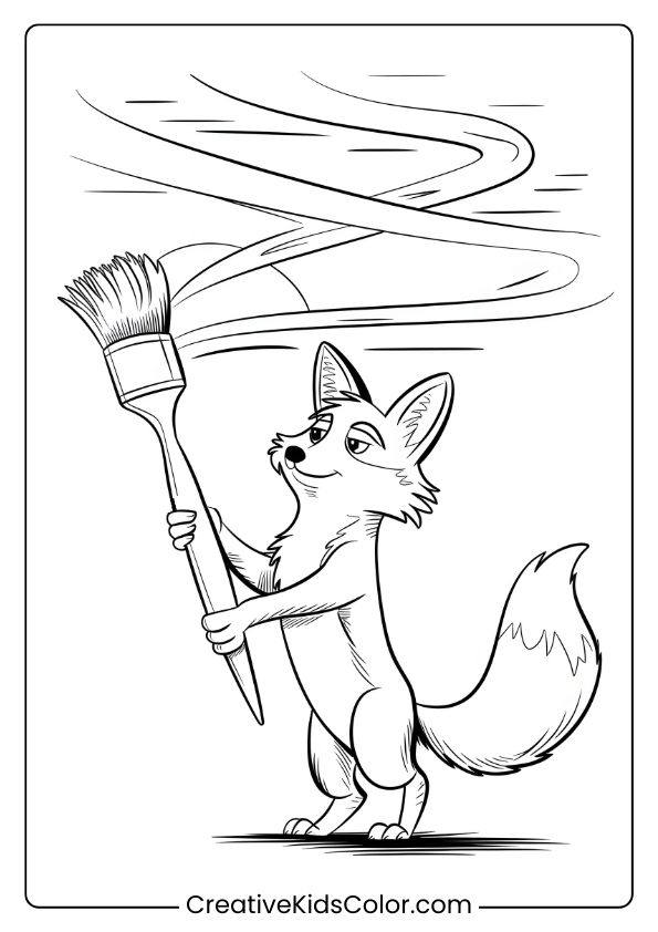 Fox Coloring Page Showing A Fox Painting The Sky, With Swirls Representing The Sunset, Perfect For Imaginative Coloring.