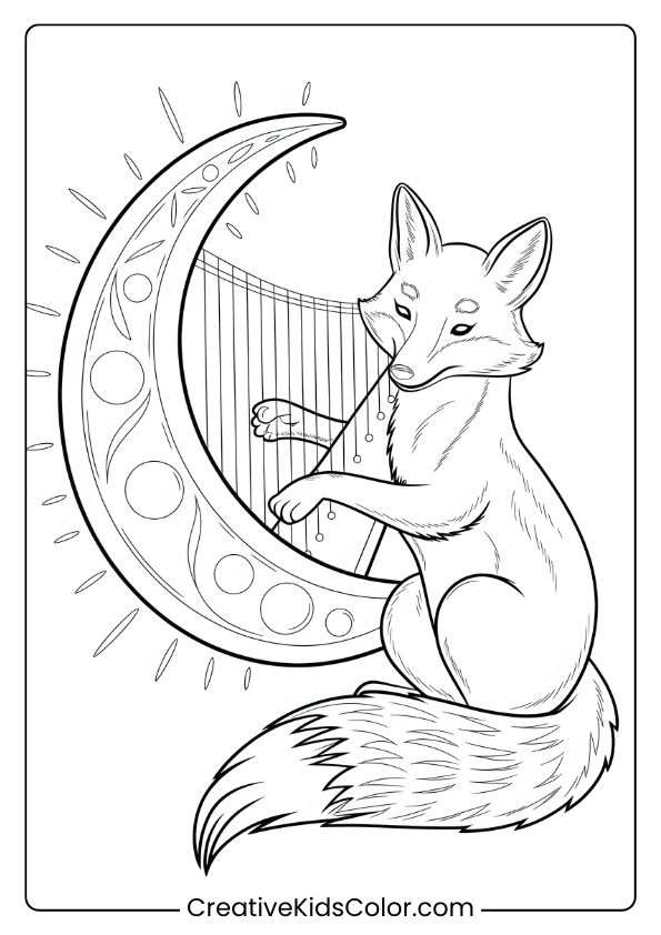 Fox Coloring Page Of A Fox Playing A Harp Under A Crescent Moon, Adding A Tranquil, Luminous Touch To A Starry Night Scene.