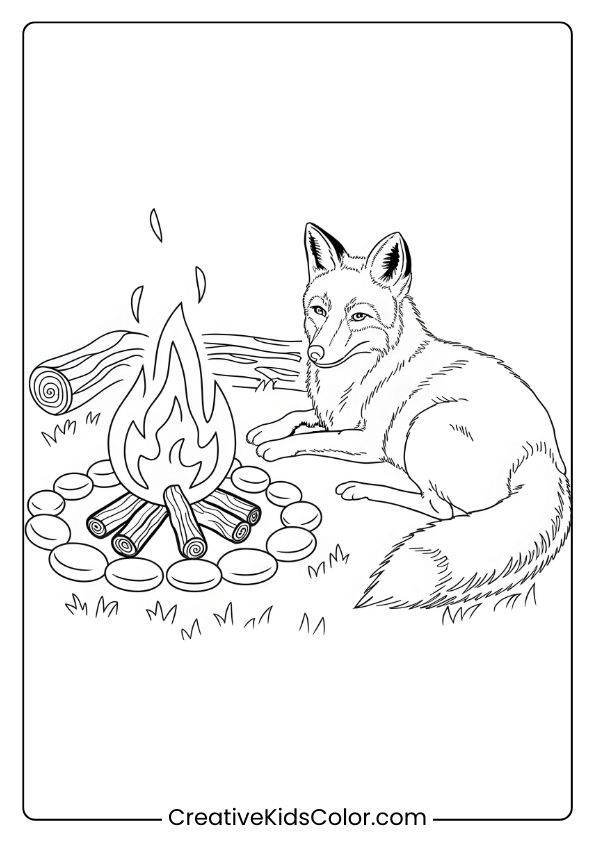 Fox Coloring Page With A Fox Beside A Campfire In The Woods, Perfect For An Outdoor, Comforting Coloring Activity.