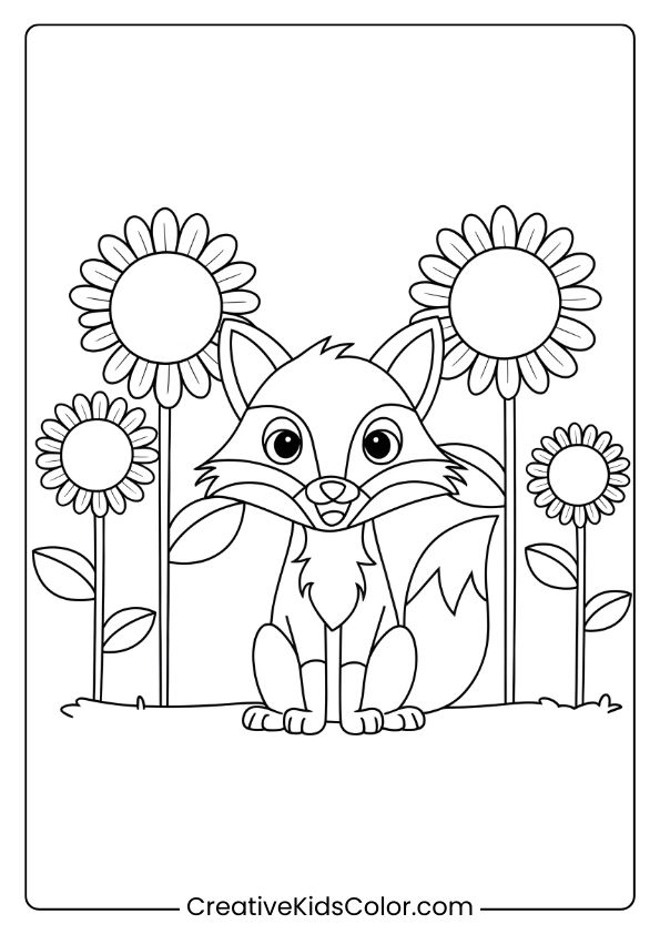 Fox Coloring Page Featuring A Fox With Sunflowers Around, Perfect For A Bright, Nature-Inspired Coloring Activity.
